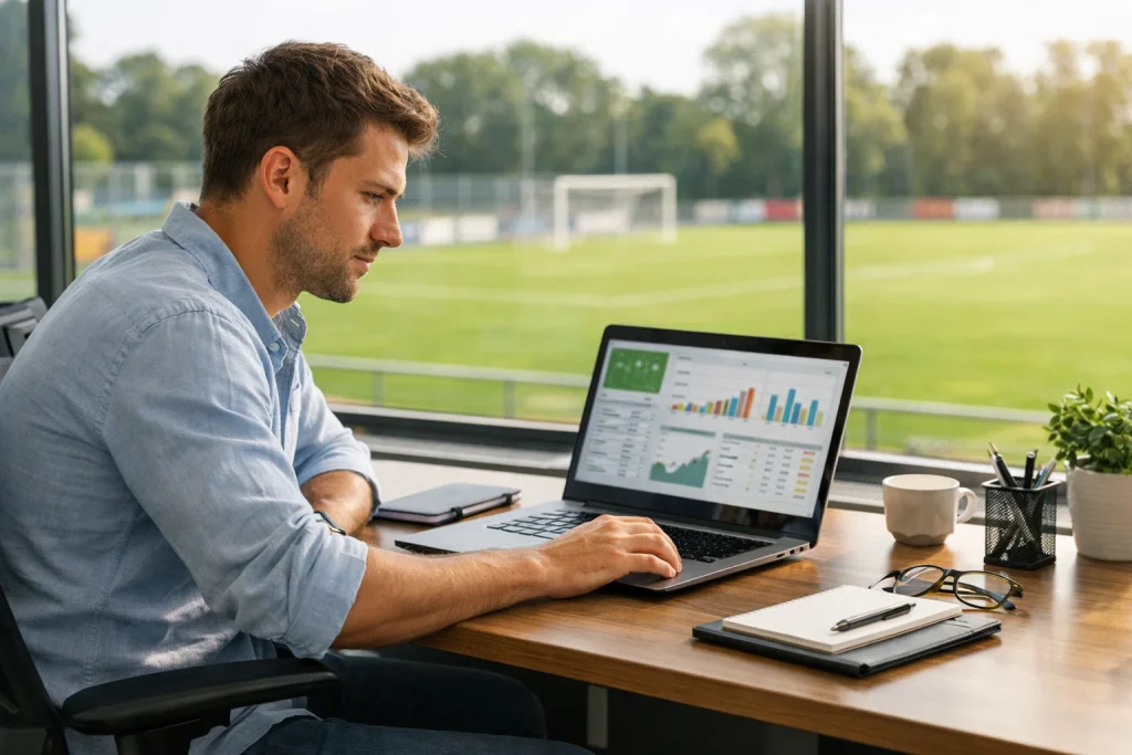 Analista che studia statistiche calcistiche su laptop con campo da calcio sullo sfondo