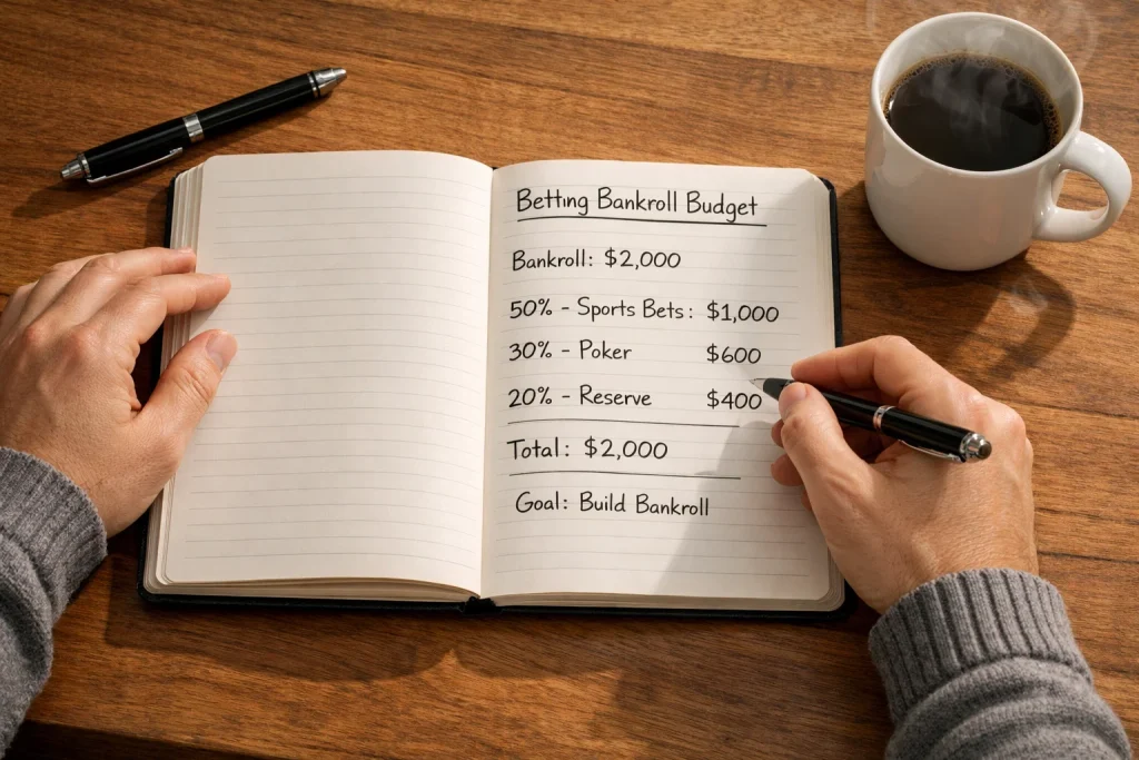 Persona che pianifica il budget per scommesse con blocco note e penna