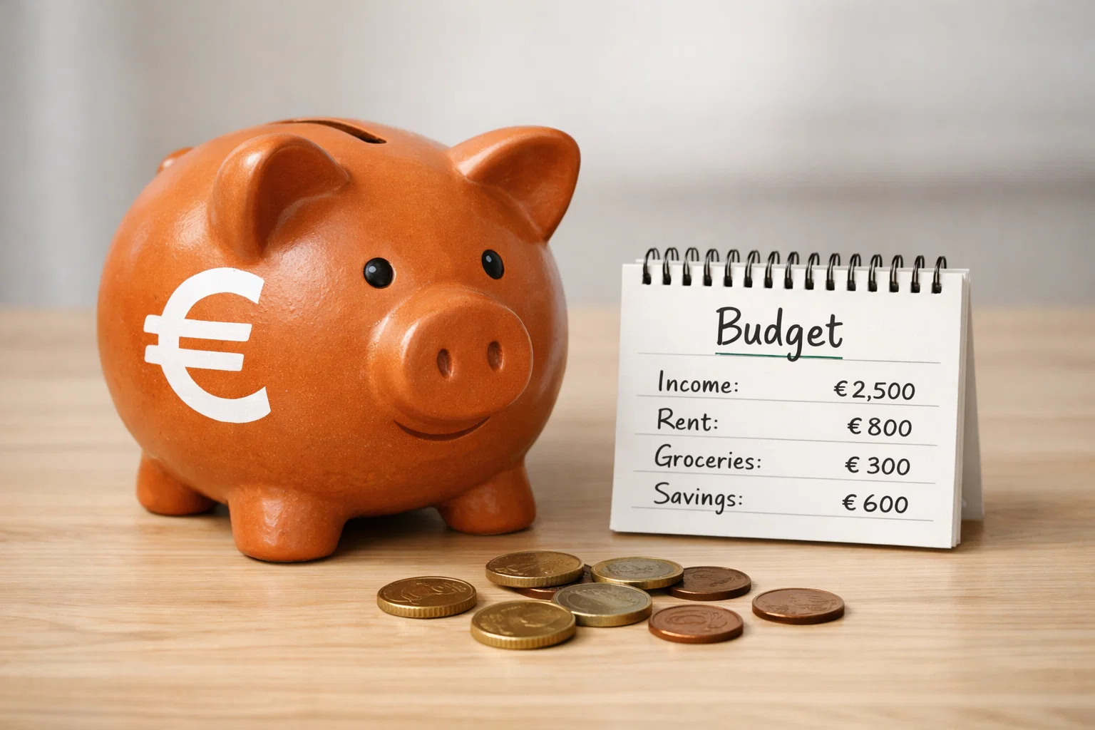 Salvadanaio con simbolo euro accanto a un blocco note per budget