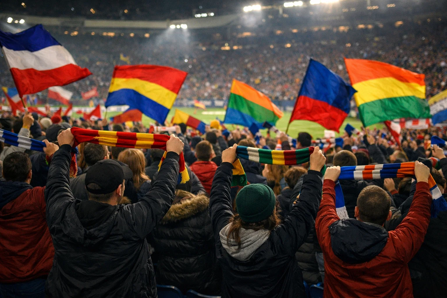 Tifosi allo stadio durante un derby italiano con bandiere