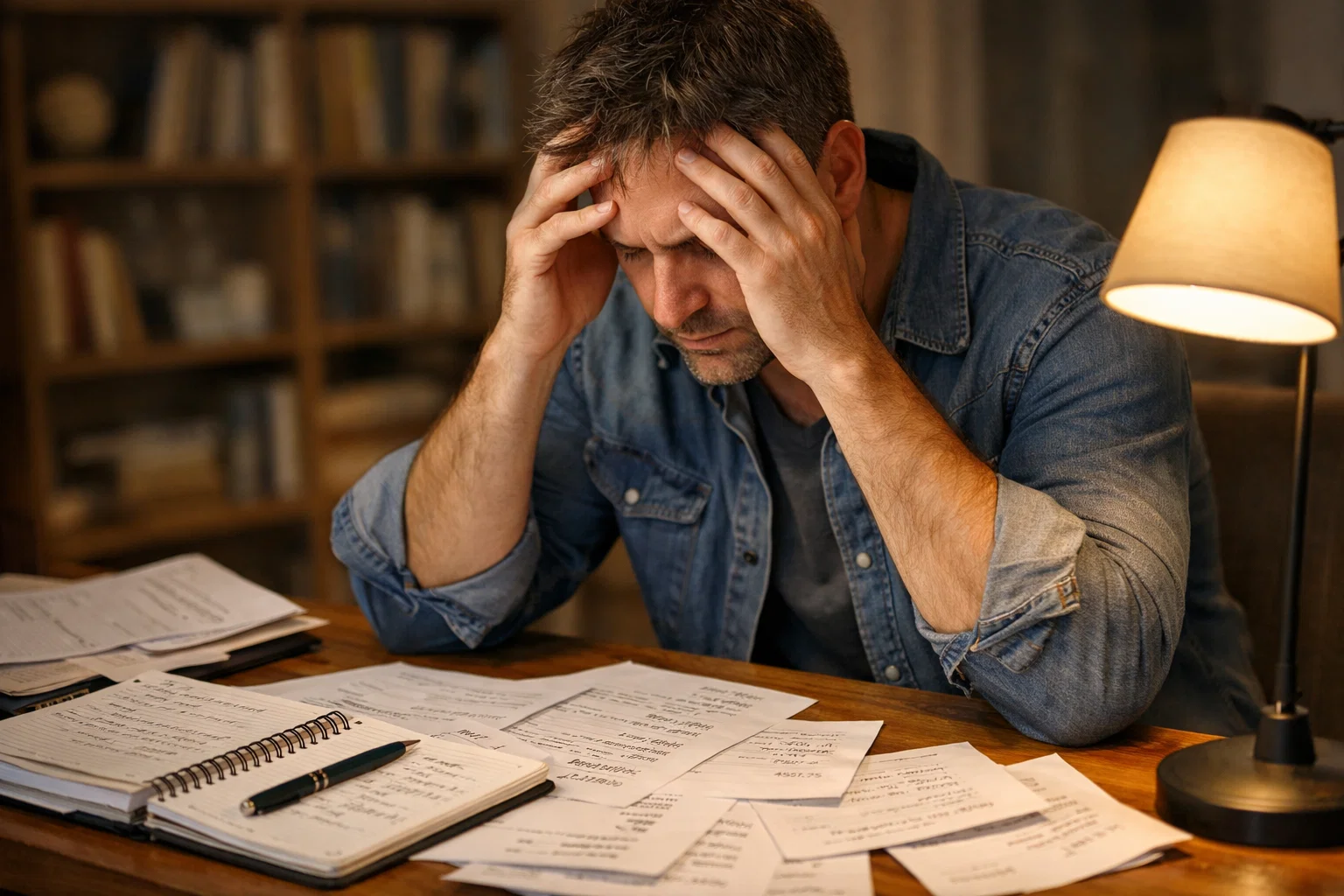 Persona stressata alla scrivania con documenti finanziari sparsi