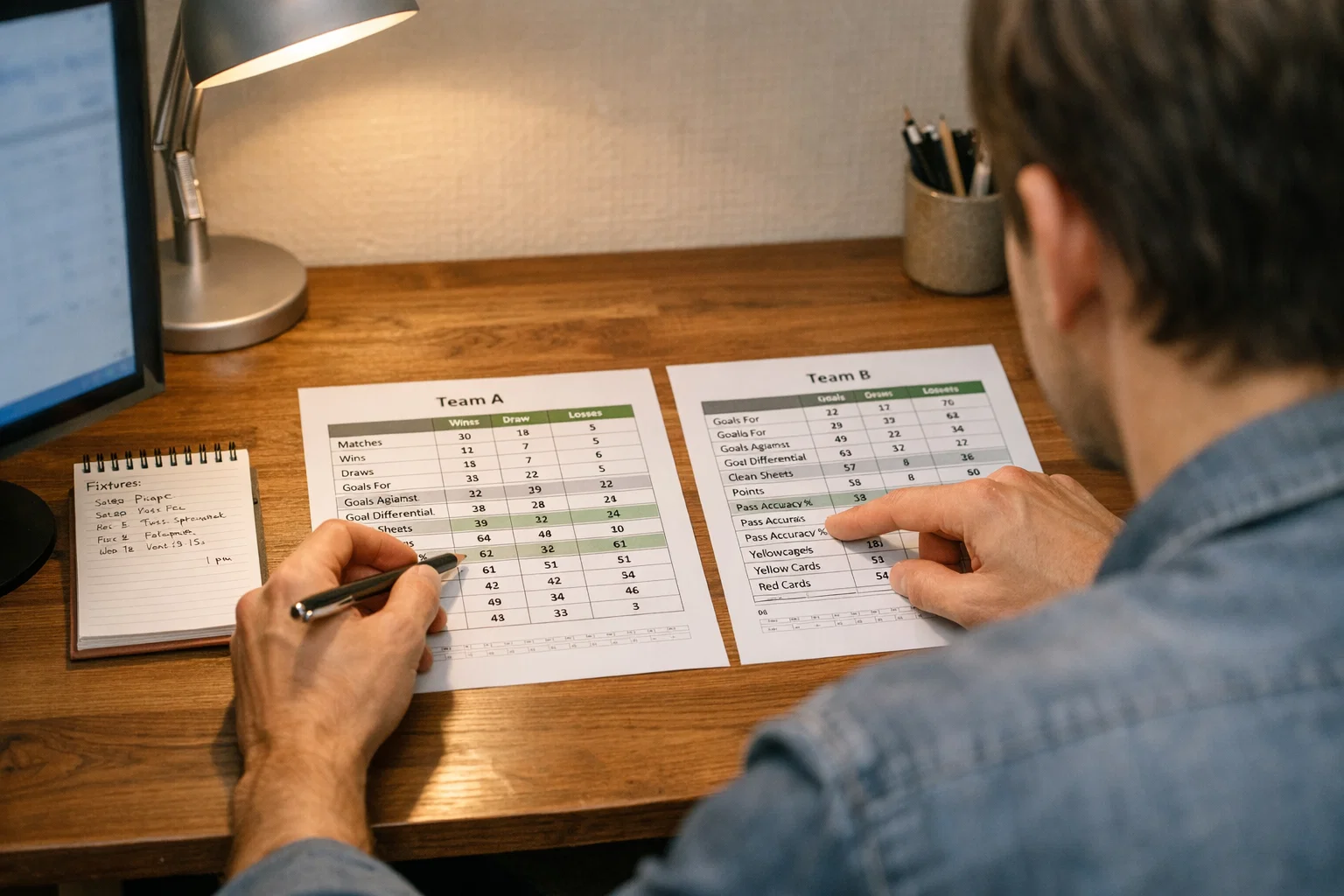 Persona alla scrivania che confronta statistiche di due squadre su fogli