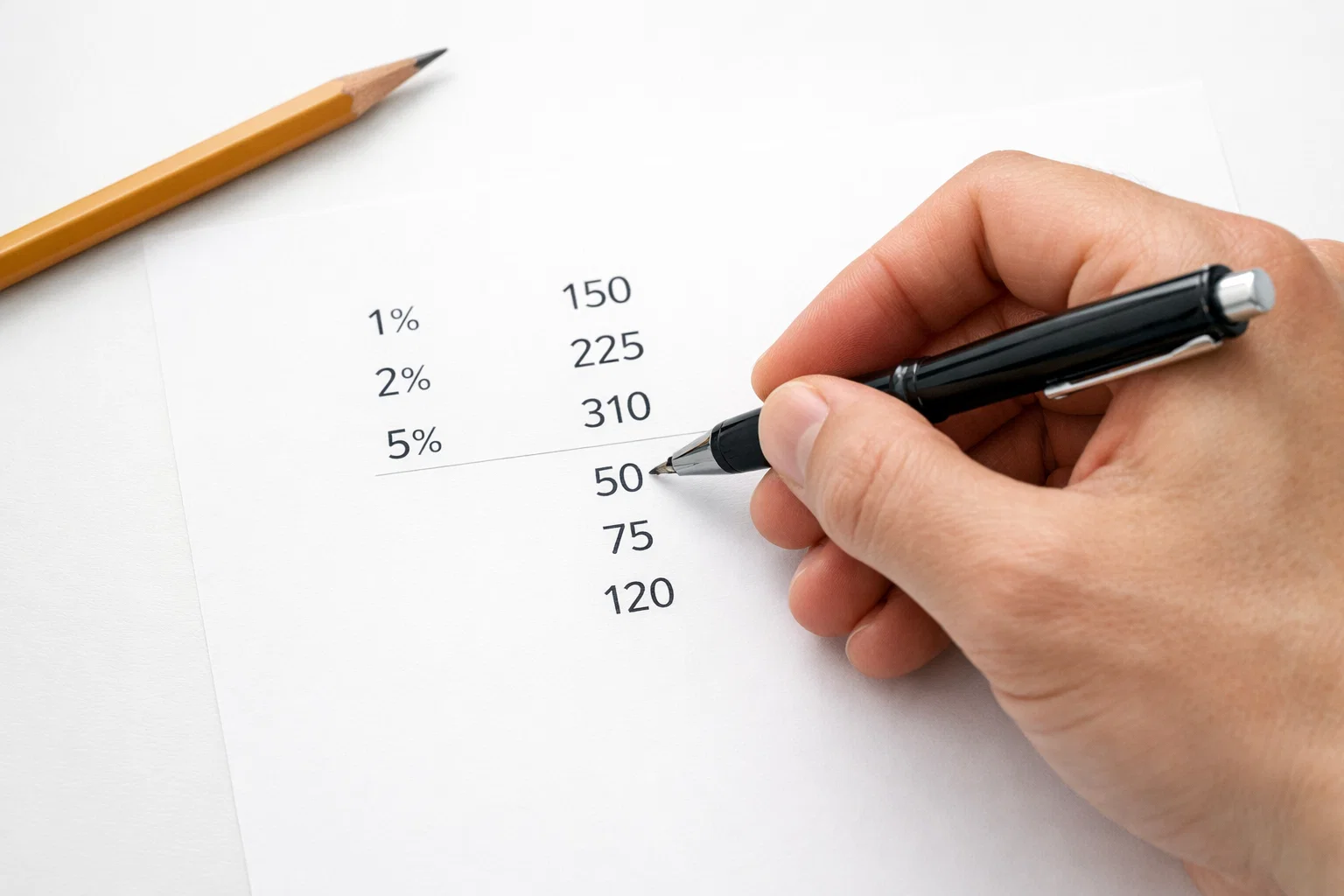 Mano che scrive percentuali e numeri su foglio per calcolo unità