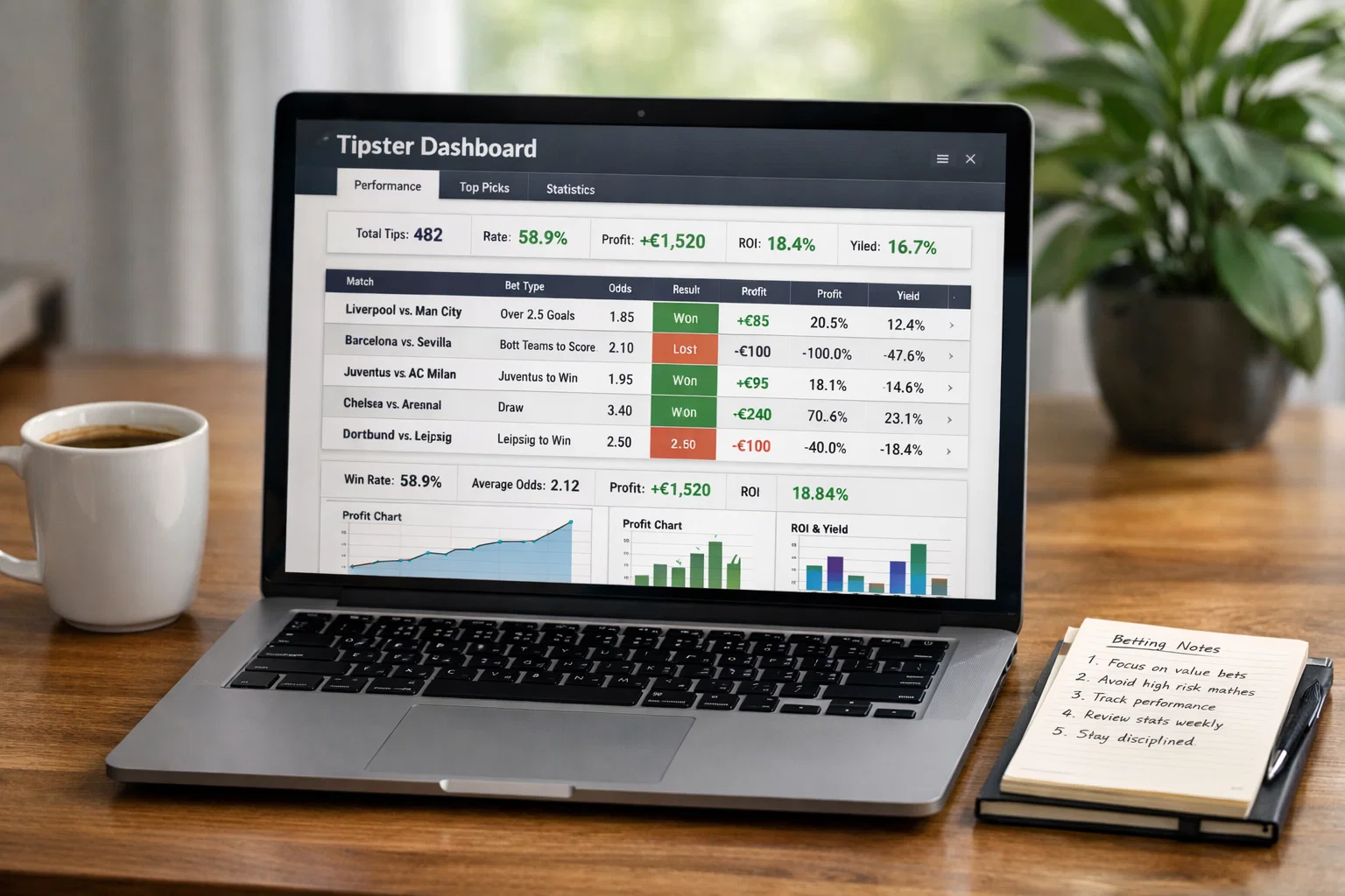 Laptop aperto con piattaforma di pronostici e statistiche