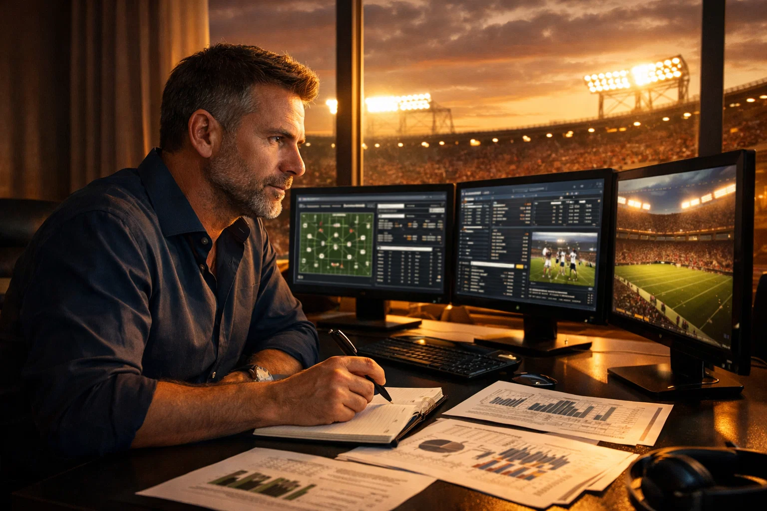 Analista sportivo studia statistiche di calcio con vista sullo stadio illuminato