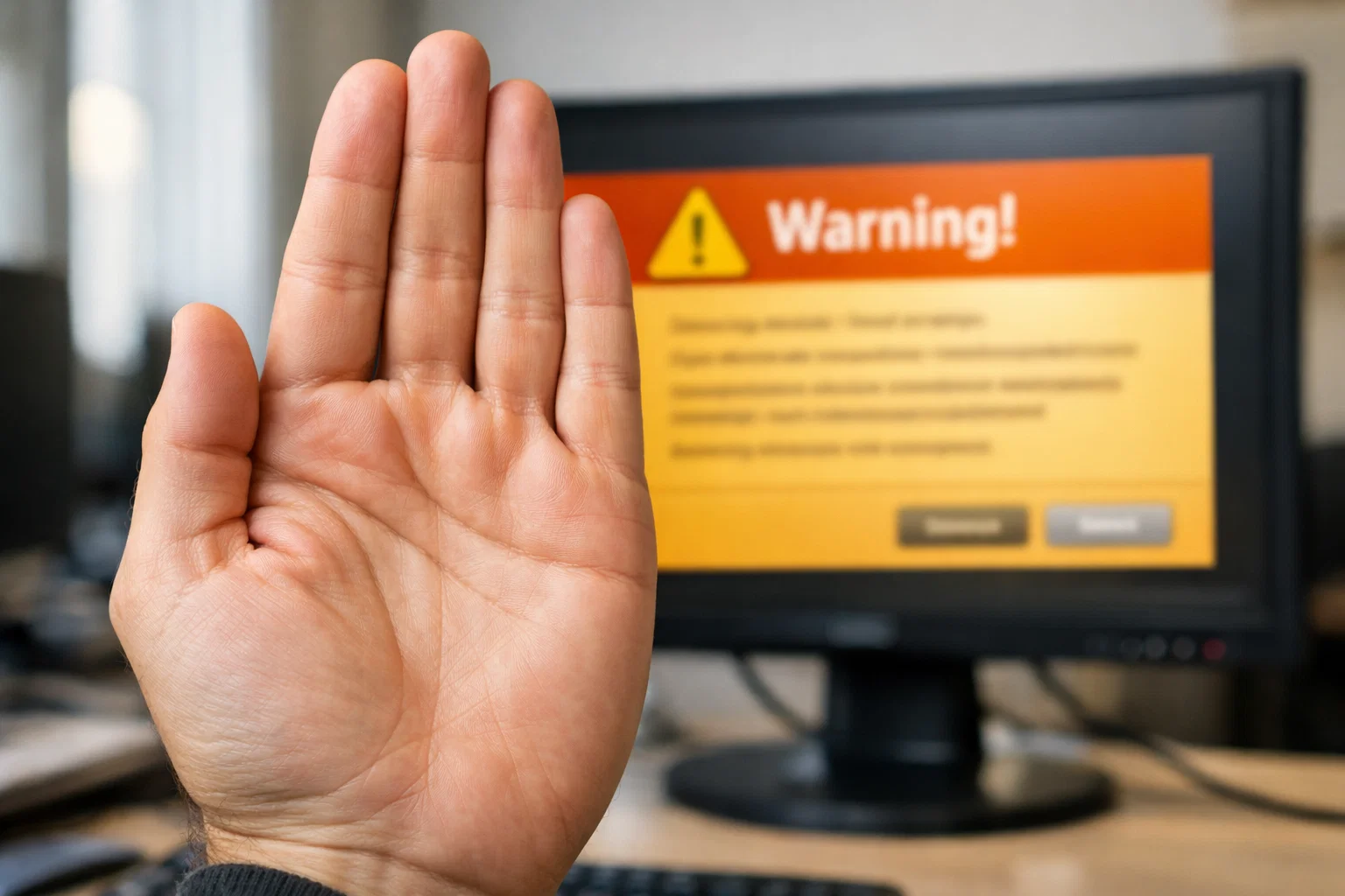 Mano che fa gesto di stop davanti a schermo con simbolo di avvertimento