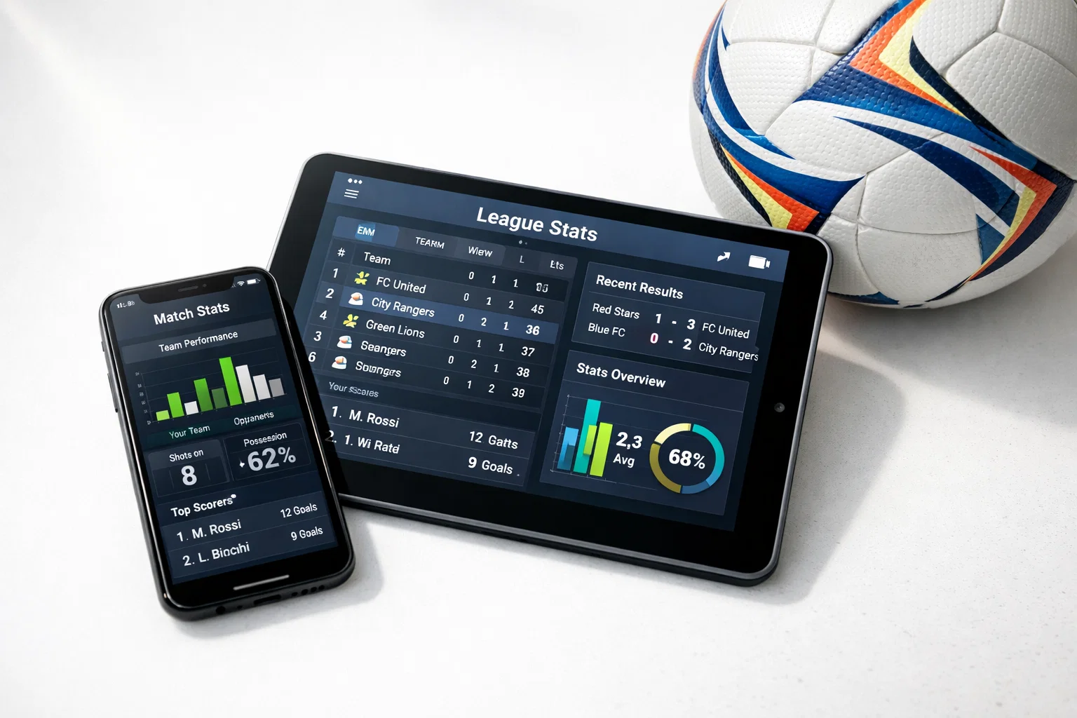 Smartphone e tablet che mostrano app di statistiche calcistiche