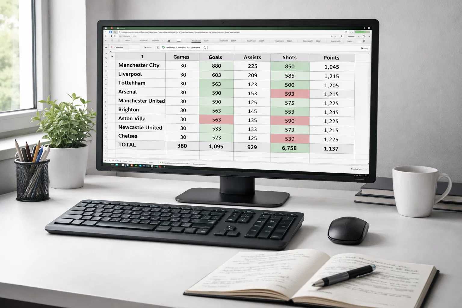 Desktop con foglio di calcolo aperto per tracking statistiche calcio