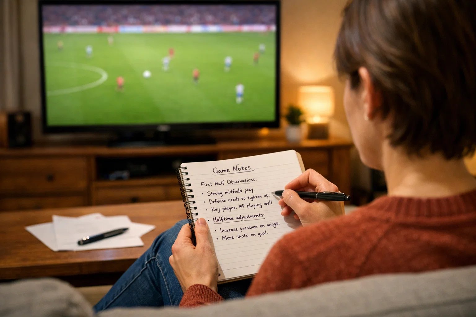 Persona che prende appunti mentre guarda una partita di calcio in TV