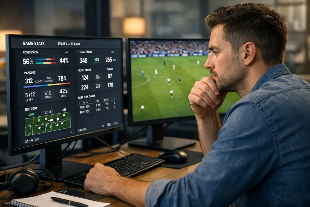 Analista sportivo che studia statistiche su monitor con partita di calcio