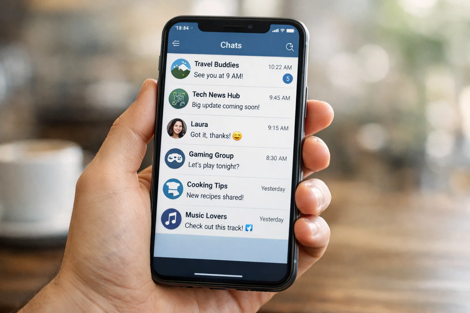Mano che tiene smartphone con app Telegram aperta