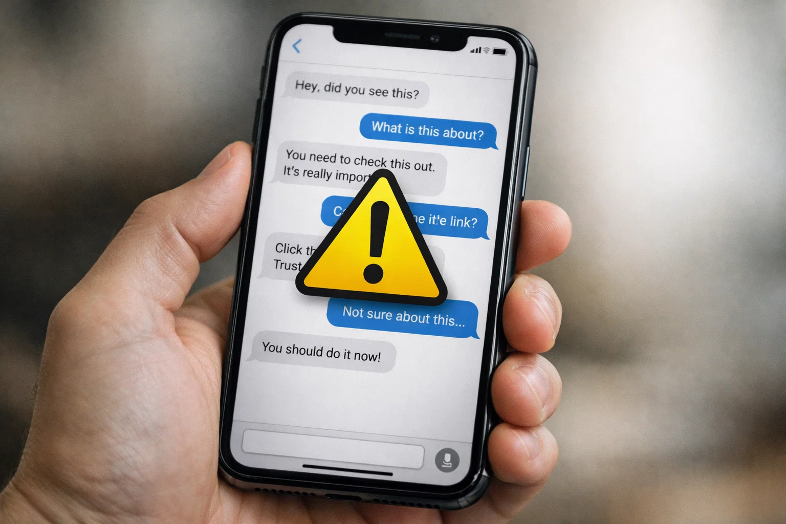Smartphone con messaggi sospetti e simbolo di attenzione