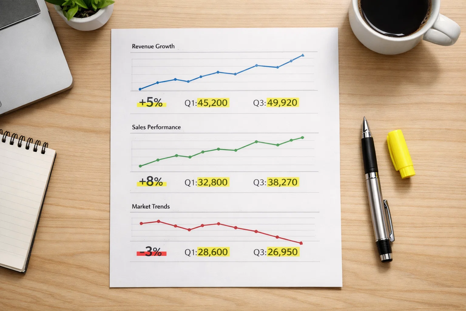 Foglio con grafici e percentuali di rendimento su scrivania